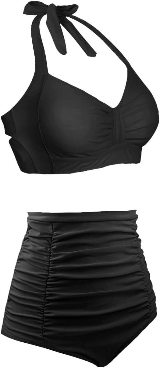 Women Two Piece Swimsuit High Waisted Bikini Sets Tummy Control Bathing Suit Vintage Halter Swimwear