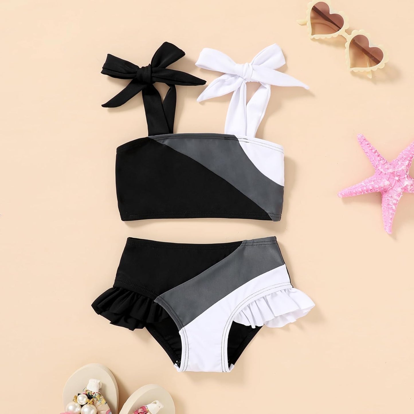 Toddler Girls Two Pieces Swimsuit Color Block Stripe Swimwear Summer Beach Bathing Suit 18M-5T
