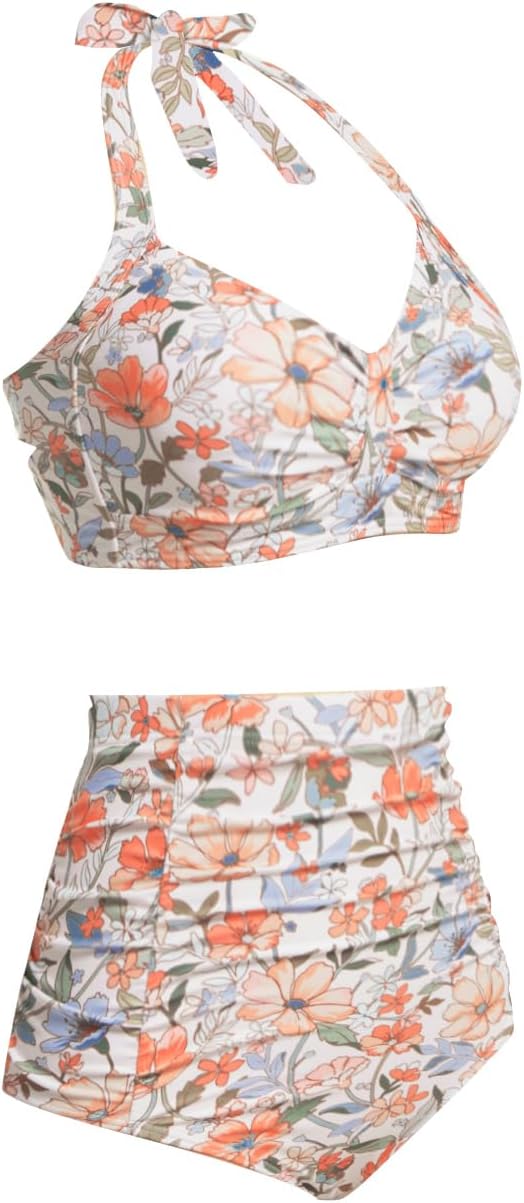 Women Two Piece Swimsuit High Waisted Bikini Sets Tummy Control Bathing Suit Vintage Halter Swimwear