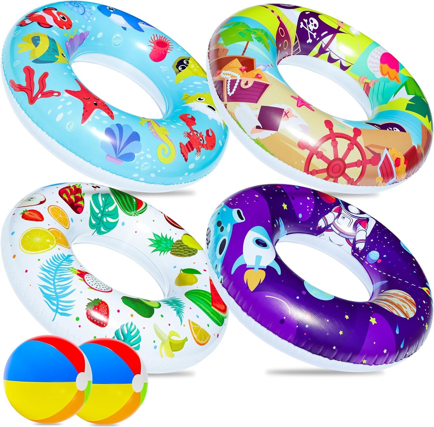 6 Pack Pool Floats Kids, Pool Swim Tubes Rings(4 Pack) - 4Pcs Inflatable Big Floaties Beach Swimming Toys with 2Pcs Beach Balls for Adults Raft Floaties Toddlers