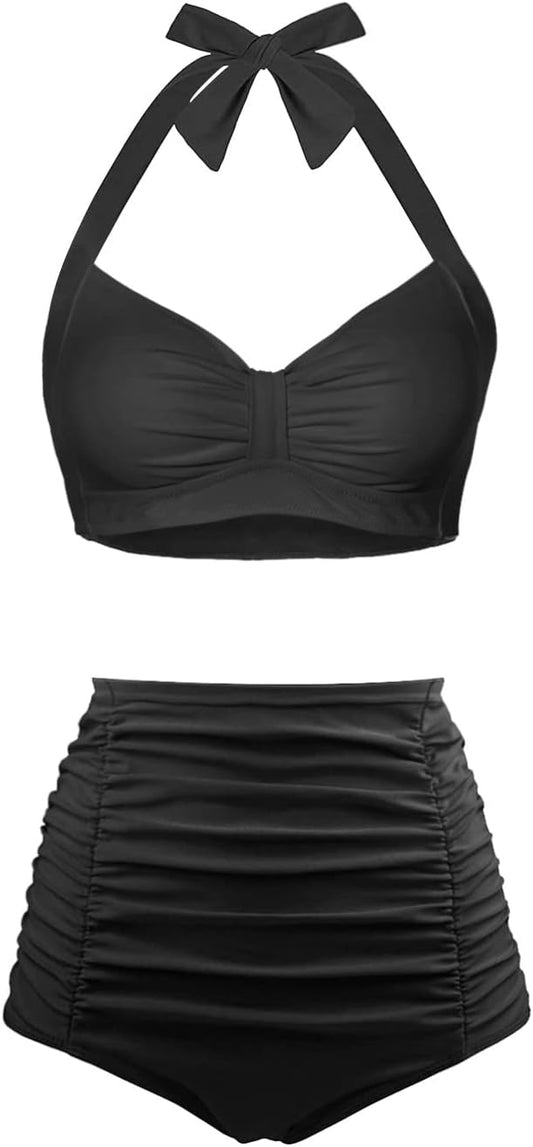 Women Two Piece Swimsuit High Waisted Bikini Sets Tummy Control Bathing Suit Vintage Halter Swimwear