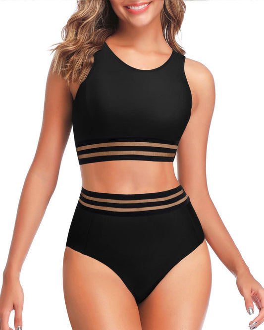 Women Two Piece High Waisted Bikini Set Sporty Swimsuits Bathing Suit with Bottom for Teen Girls