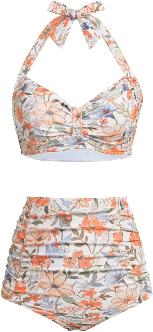Women Two Piece Swimsuit High Waisted Bikini Sets Tummy Control Bathing Suit Vintage Halter Swimwear