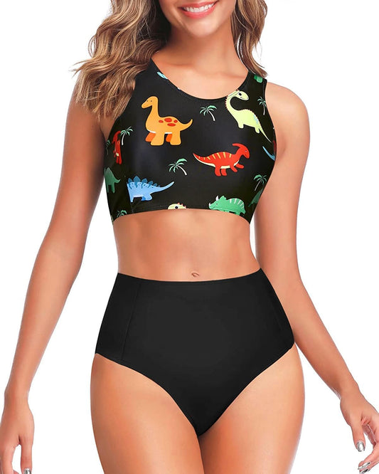 Women Two Piece High Waisted Bikini Set Sporty Swimsuits Bathing Suit with Bottom for Teen Girls
