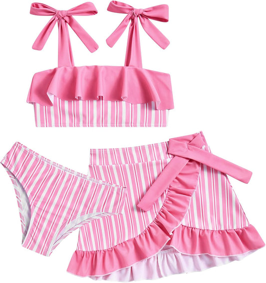 Girls Swimsuit 3 Piece Bathing Suits Flounce Bikini Tankini Set Beach Swimwear with Cover Ups Skirt for 3-8 Years