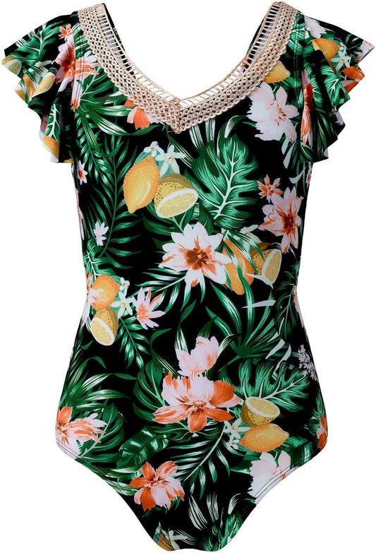 Girls 2025 Swimsuits One Piece Bathing Suits Kids Ruffle Removable Pad Swim Suits Size 6-15 Years