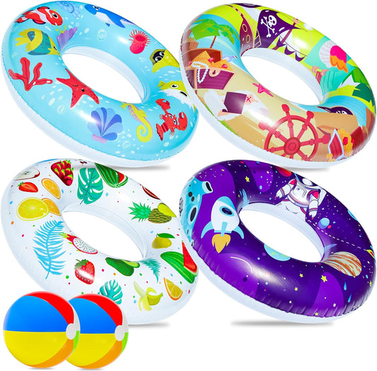 6 Pack Pool Floats Kids, Pool Swim Tubes Rings(4 Pack) - 4Pcs Inflatable Big Floaties Beach Swimming Toys with 2Pcs Beach Balls for Adults Raft Floaties Toddlers